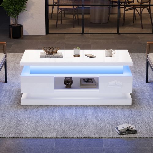 Table Basse Relevable Salon 100x50x40 Cm Avec LED, 2 Tiroirs, Blanc Brillant