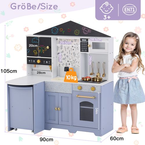 Cuisine Jouet Enfant Interactive 60x90x105 Cm, Bois Blanc Et Violet, Accessoires Inclus