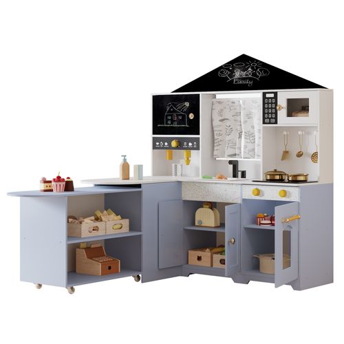 Cuisine Jouet Enfant Interactive 60x90x105 Cm, Bois Blanc Et Violet, Accessoires Inclus