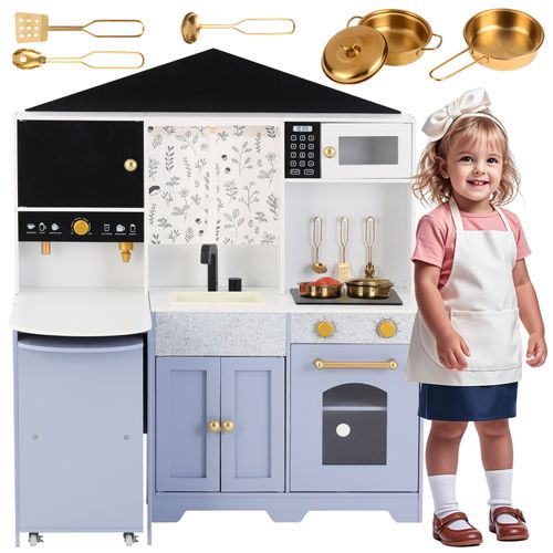 Cuisine Jouet Enfant Interactive 60x90x105 Cm, Bois Blanc Et Violet, Accessoires Inclus