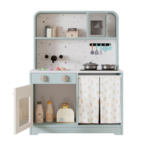 Cuisine Jouet Enfant 29x60x81 Cm Bois Bleu, Machine à Glaçons et Micro-ondes, Avec Rangements