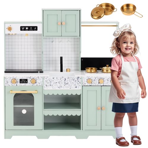 Cuisine Jouet Pour Enfants 30x90x98 Cm, Verte, Bois Et Plastique, Avec Rangements Et Accessoires