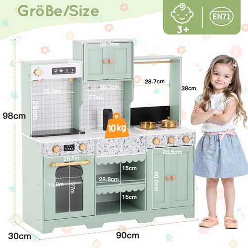 Cuisine Jouet Pour Enfants 30x90x98 Cm, Verte, Bois Et Plastique, Avec Rangements Et Accessoires
