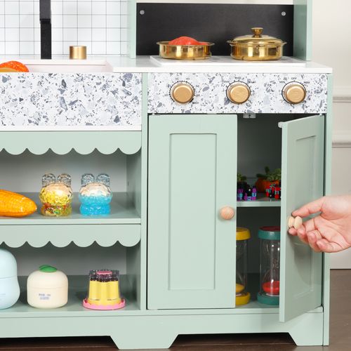Cuisine Jouet Pour Enfants 30x90x98 Cm, Verte, Bois Et Plastique, Avec Rangements Et Accessoires