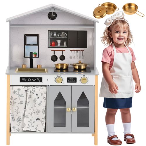 Cuisine Jouet Enfant 28,5x60x92 Cm Gris En Bois Et Plastique Avec Accessoires