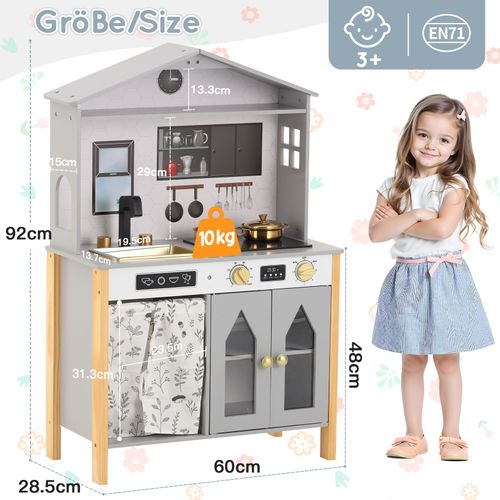 Cuisine Jouet Enfant 28,5x60x92 Cm Gris En Bois Et Plastique Avec Accessoires