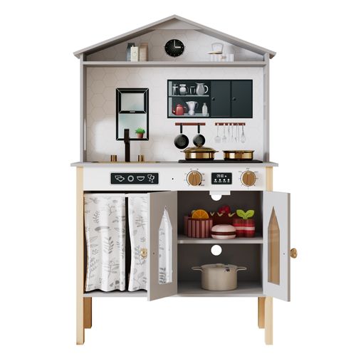 Cuisine Jouet Enfant 28,5x60x92 Cm Gris En Bois Et Plastique Avec Accessoires