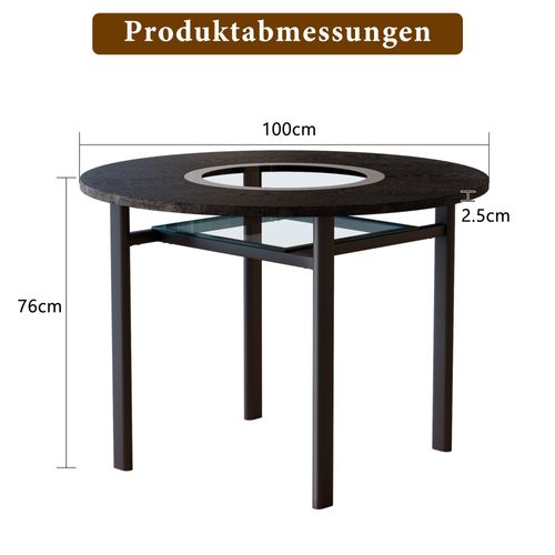 Table à Manger Ronde 100 Cm, Plateau Aspect Bois Noir, Pieds Métal, Étagère En Verre