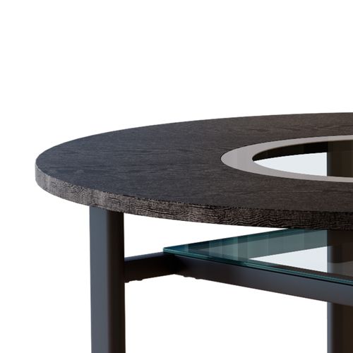 Table à Manger Ronde 100 Cm, Plateau Aspect Bois Noir, Pieds Métal, Étagère En Verre