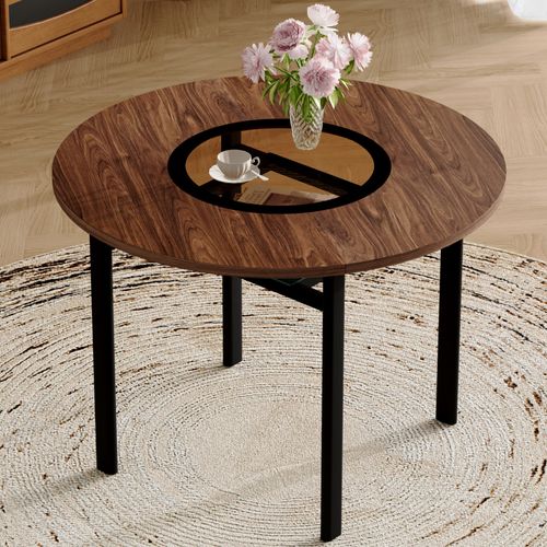 Table à Manger Ronde 100 Cm, Plateau Aspect Bois Brun, Pieds Métal Noir, Étagère En Verre