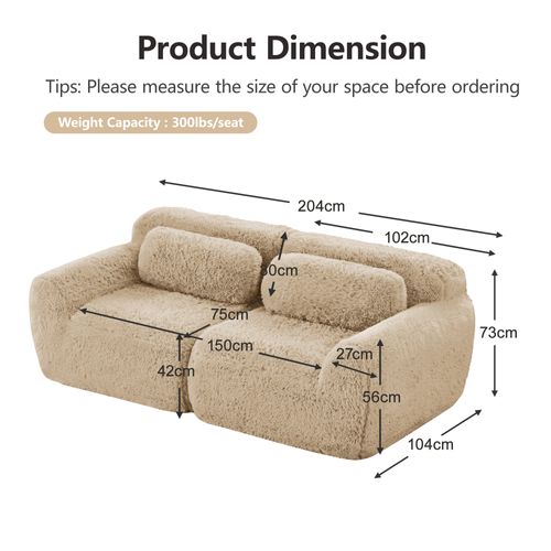 Canapé Modulable 2 Places 204cm En Tissu Peluche Kaki Clair, Sans Montage