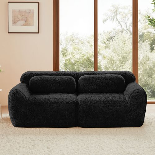 Canapé Modulable 2 Places 204cm En Tissu Peluche Noir, Sans Montage