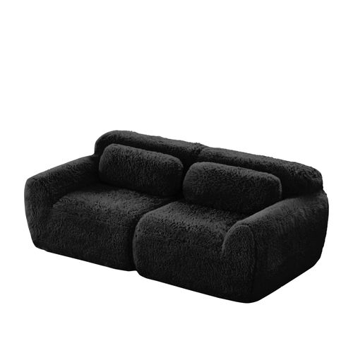 Canapé Modulable 2 Places 204cm En Tissu Peluche Noir, Sans Montage