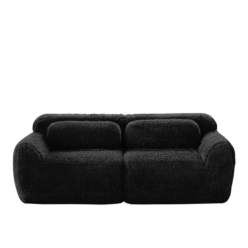 Canapé Modulable 2 Places 204cm En Tissu Peluche Noir, Sans Montage