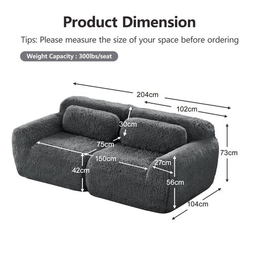 Canapé Compressé Modulable 2 Places 204cm En Tissu Peluche Gris