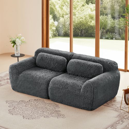 Canapé Compressé Modulable 2 Places 204cm En Tissu Peluche Gris