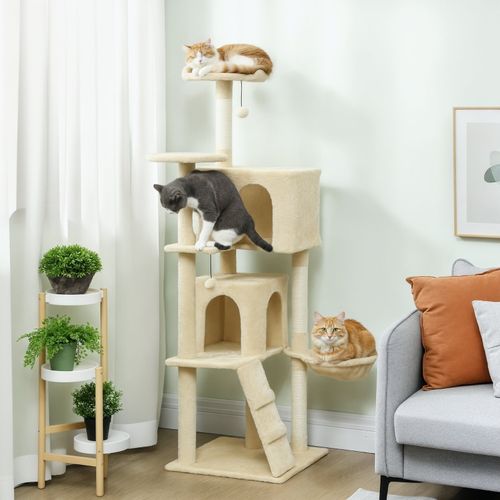 Arbre à Chat 48 X 48 X 160 Cm Avec Hamac, Échelle, Grotte Et Poteaux En Sisal, Beige