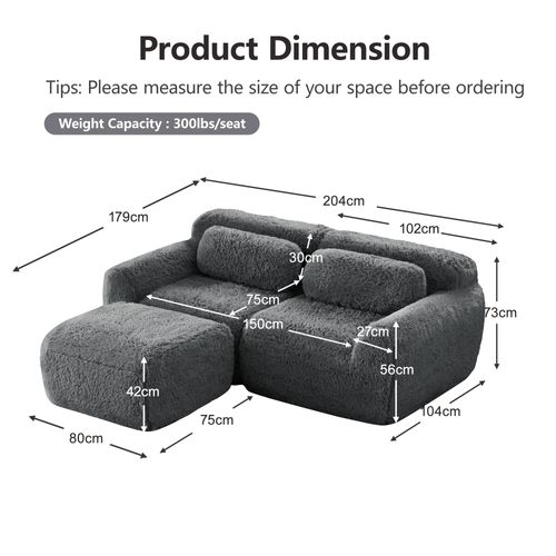 Canapé D'angle Modulable 2 Places 204cm En Tissu Peluche Gris, Sans Montage