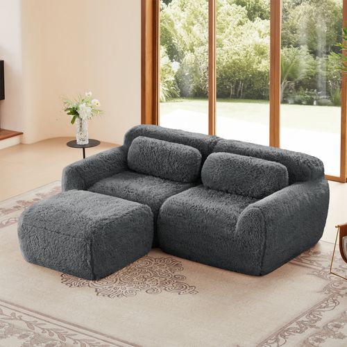 Canapé D'angle Modulable 2 Places 204cm En Tissu Peluche Gris, Sans Montage