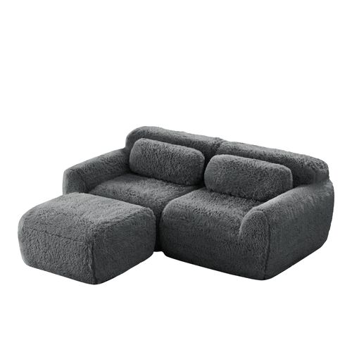 Canapé D'angle Modulable 2 Places 204cm En Tissu Peluche Gris, Sans Montage