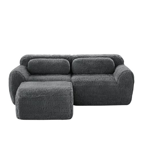 Canapé D'angle Modulable 2 Places 204cm En Tissu Peluche Gris, Sans Montage