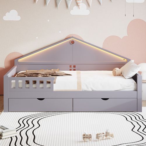 Lit Enfant LED 90x200 Cm Avec 2 Tiroirs De Rangement, Sommier à Lattes, Bois Gris