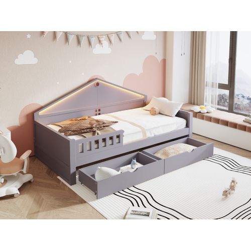 Lit Enfant LED 90x200 Cm Avec 2 Tiroirs De Rangement, Sommier à Lattes, Bois Gris