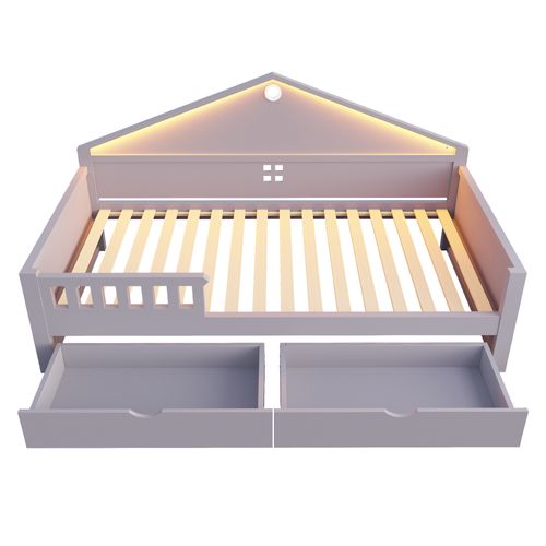 Lit Enfant LED 90x200 Cm Avec 2 Tiroirs De Rangement, Sommier à Lattes, Bois Gris