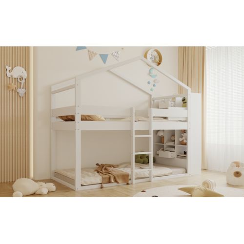 Lit Superposé Enfant 90x200 Cm Cabane Avec Rangements Et Sommier à Lattes, En Bois Blanc