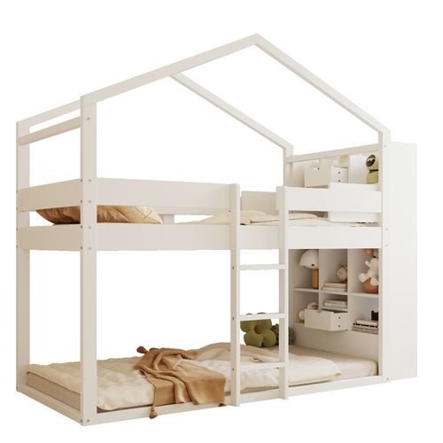 Lit Superposé Enfant 90x200 Cm Cabane Avec Rangements Et Sommier à Lattes, En Bois Blanc