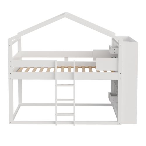 Lit Superposé Enfant 90x200 Cm Cabane Avec Rangements Et Sommier à Lattes, En Bois Blanc
