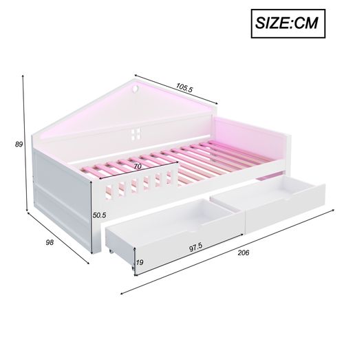 Lit Enfant Cabane 90x200 Cm Avec LED, 2 Tiroirs, Sommier à Lattes, Bois Blanc