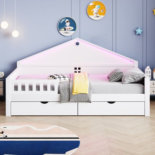 Lit Enfant Cabane 90x200 Cm Avec LED, 2 Tiroirs, Sommier à Lattes, Bois Blanc