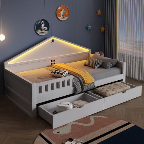 Lit Enfant Cabane 90x200 Cm Avec LED, 2 Tiroirs, Sommier à Lattes, Bois Blanc