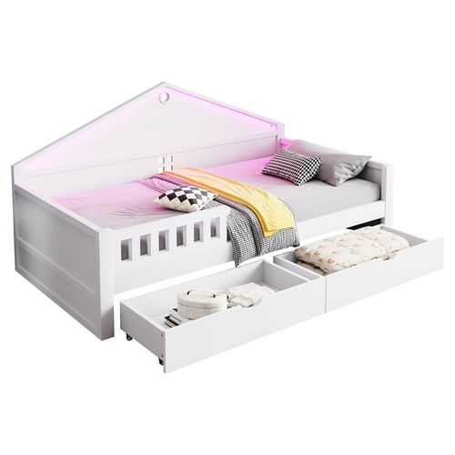 Lit Enfant Cabane 90x200 Cm Avec LED, 2 Tiroirs, Sommier à Lattes, Bois Blanc