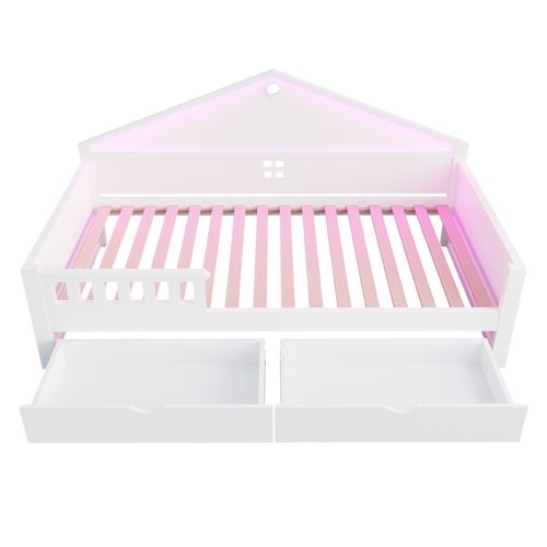 Lit Enfant Cabane 90x200 Cm Avec LED, 2 Tiroirs, Sommier à Lattes, Bois Blanc