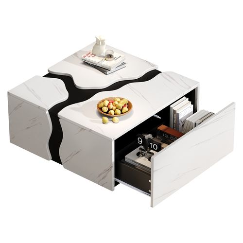 Table Basse Carrée 70x70x31 Cm, Design Géométrique Effet Marbre Blanc, Avec Tiroir