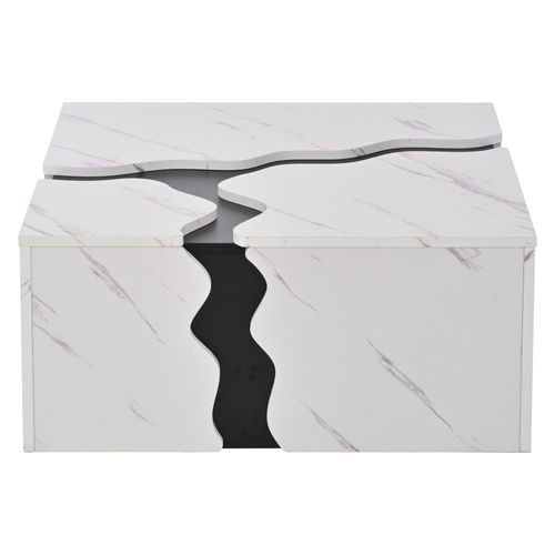 Table Basse Carrée 70x70x31 Cm, Design Géométrique Effet Marbre Blanc, Avec Tiroir