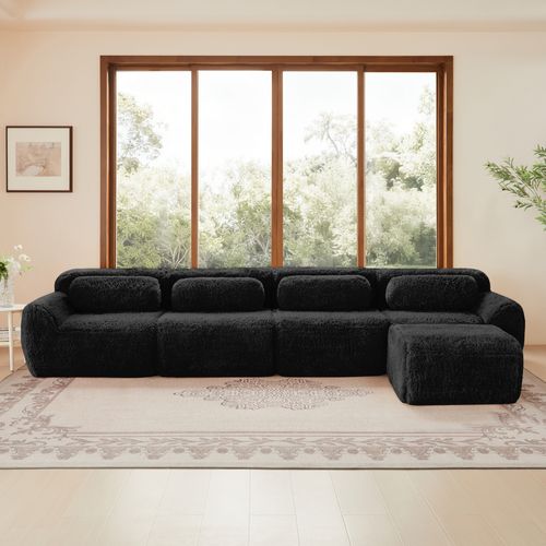 Canapé D'angle Modulable 4 Places, Tissu Peluche Premium Noir, Sans Montage