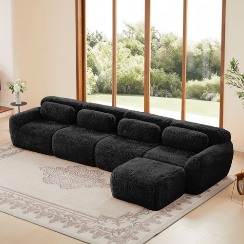 Canapé D'angle Modulable 4 Places, Tissu Peluche Premium Noir, Sans Montage