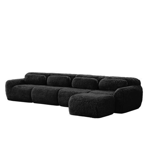 Canapé D'angle Modulable 4 Places, Tissu Peluche Premium Noir, Sans Montage