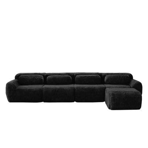 Canapé D'angle Modulable 4 Places, Tissu Peluche Premium Noir, Sans Montage