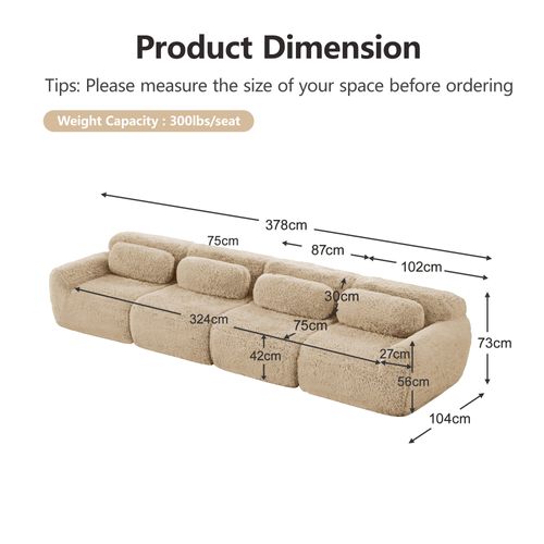 Canapé Modulable 4 Places En Tissu Peluche Beige, Mousse Haute Résilience, Sans Montage