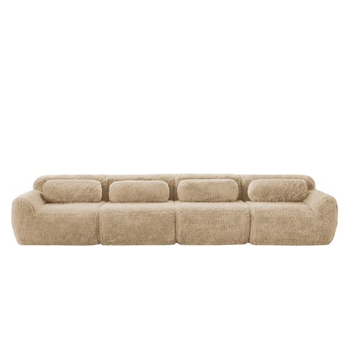 Canapé Modulable 4 Places En Tissu Peluche Beige, Mousse Haute Résilience, Sans Montage
