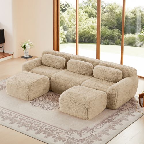 Canapé D'angle Modulable En U 3 Places Tissu Peluche Kaki Clair, Base Antidérapante, Sans Montage