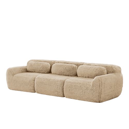 Canapé Modulable 3 Places En Tissu Peluche Kaki Clair, Base Antidérapante, Sans Montage