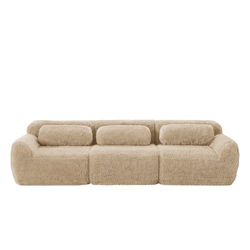 Canapé Modulable 3 Places En Tissu Peluche Kaki Clair, Base Antidérapante, Sans Montage