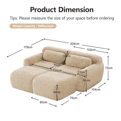 Canapé Modulable 2 Places Avec 2 Ottomans Repose-pieds En Tissu Peluche Kaki Clair, Sans Montage
