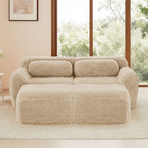 Canapé Modulable 2 Places Avec 2 Ottomans Repose-pieds En Tissu Peluche Kaki Clair, Sans Montage