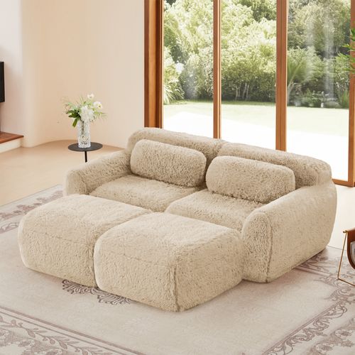 Canapé Modulable 2 Places Avec 2 Ottomans Repose-pieds En Tissu Peluche Kaki Clair, Sans Montage
